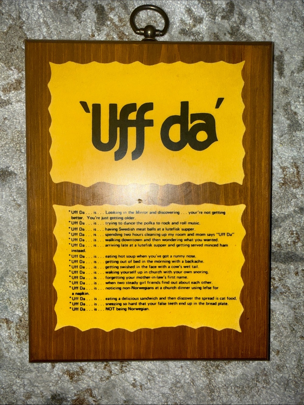Vintage Uff Da Yellow and Brown Decorative Wall Plaque Minnesota